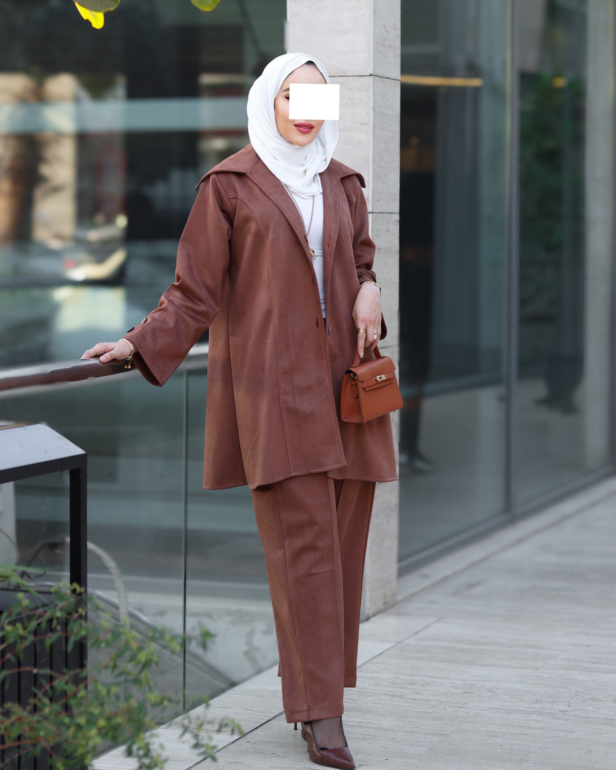 Chamois Buttoned Jacket Set – Rust Brown