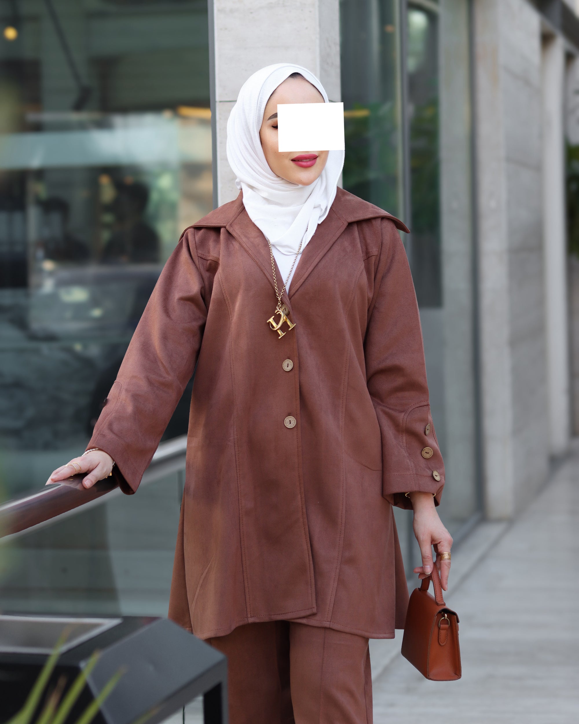 Chamois Buttoned Jacket Set – Rust Brown