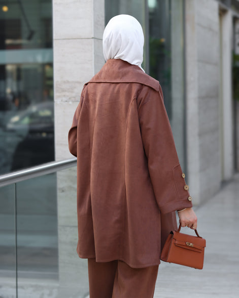 Chamois Buttoned Jacket Set – Rust Brown