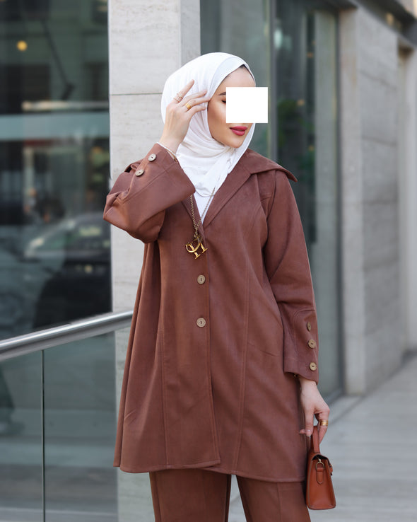 Chamois Buttoned Jacket Set – Rust Brown