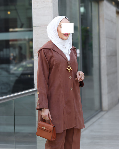 Chamois Buttoned Jacket Set – Rust Brown