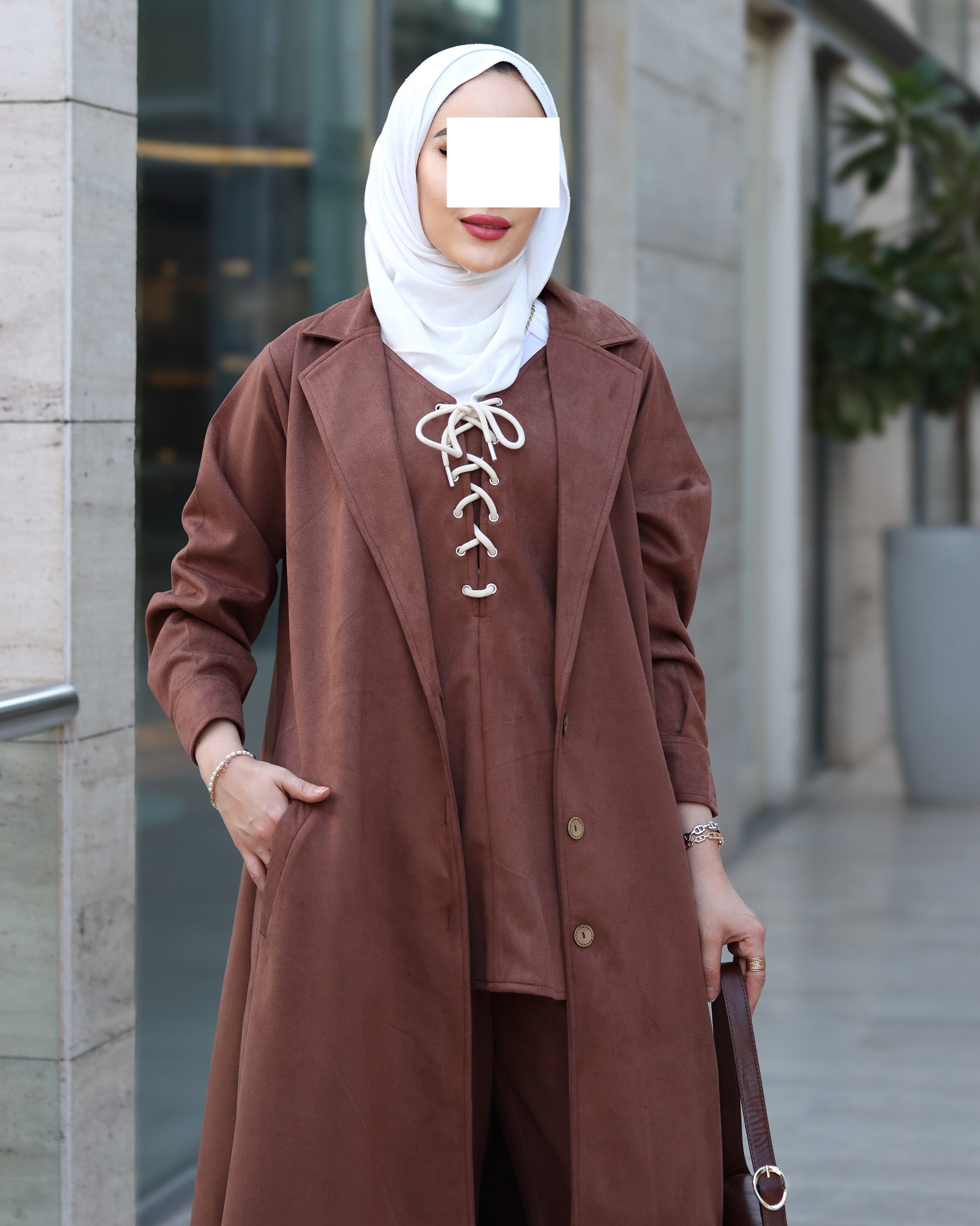Lace-Up Chamois Coat Set – Mocha Brown