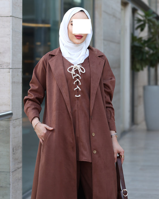 Lace-Up Chamois Coat Set – Mocha Brown