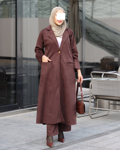 Single-Button Chamois Coat Set – Brown