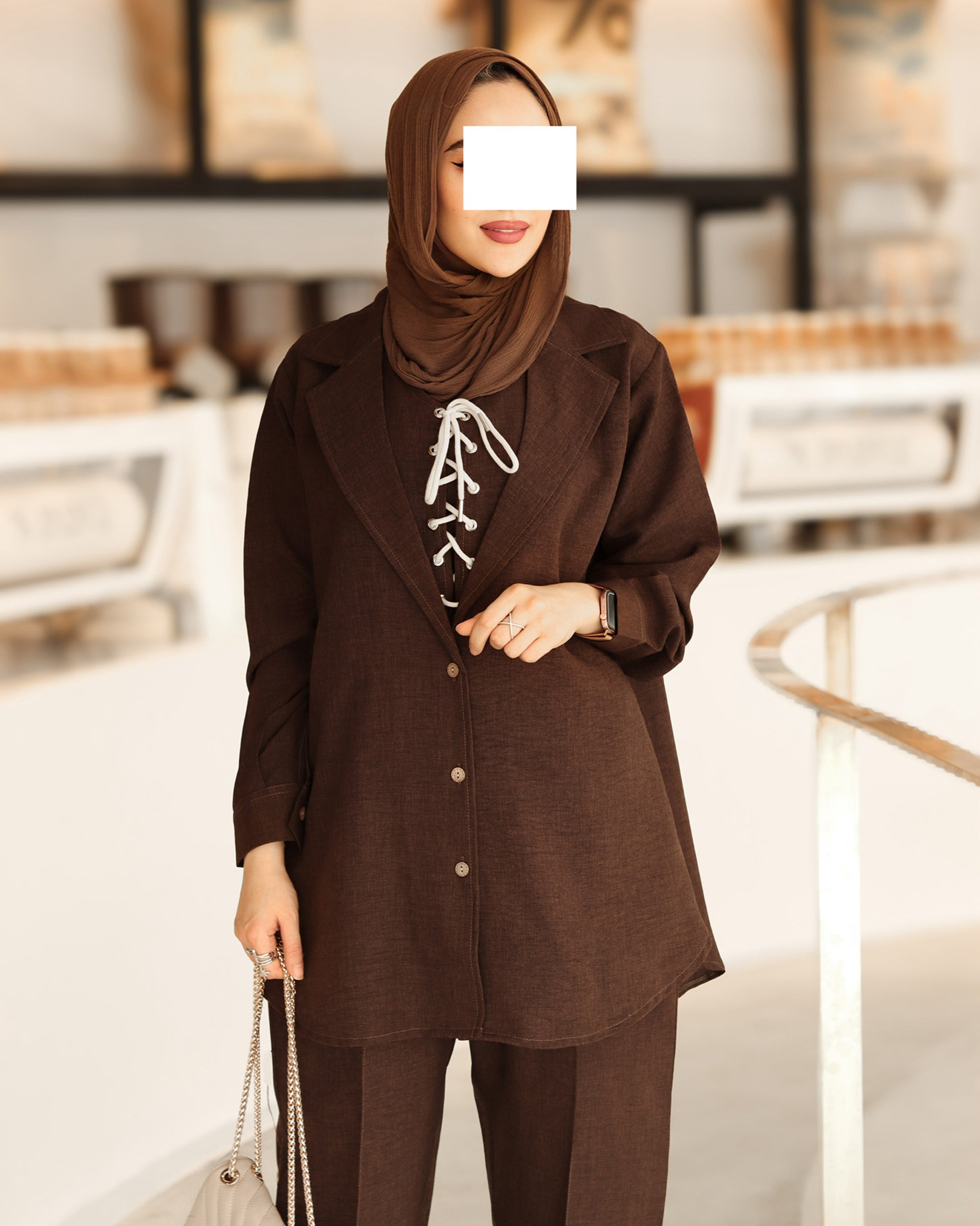 طقم جاكيت شمواه برباط - بني غامق