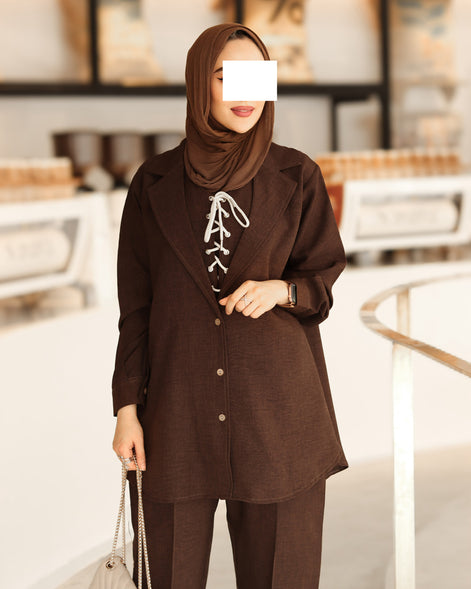 طقم جاكيت شمواه برباط - بني غامق