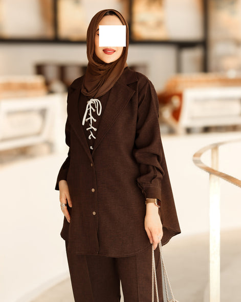 طقم جاكيت شمواه برباط - بني غامق