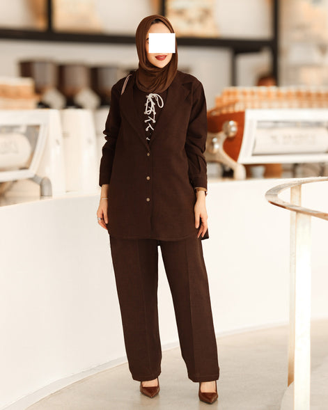 طقم جاكيت شمواه برباط - بني غامق