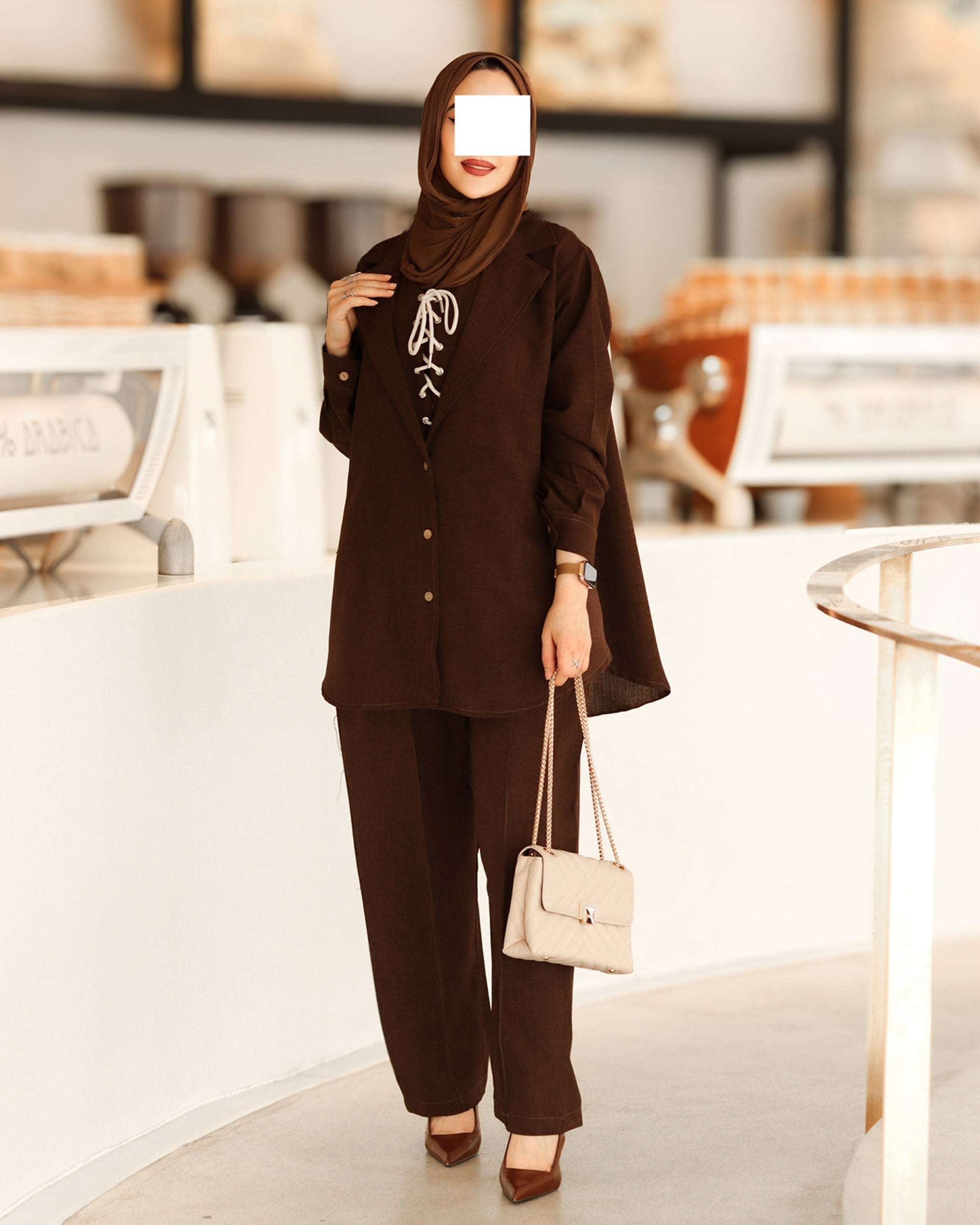 طقم جاكيت شمواه برباط - بني غامق