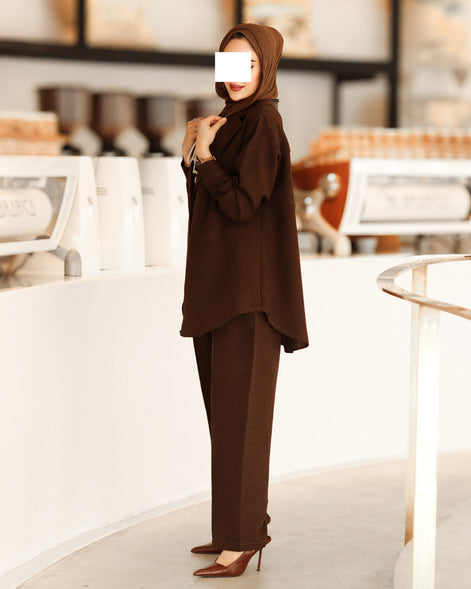 طقم جاكيت شمواه برباط - بني غامق