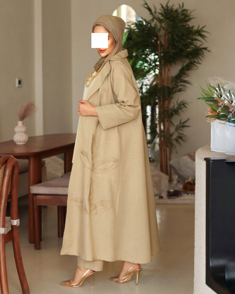 Textured Leaf Chamois Coat Set – Beige