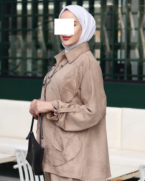 طقم شمواه بأوراق مزخرفة - لون بني رمادي