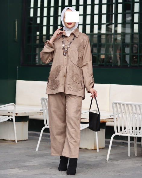 طقم شمواه بأوراق مزخرفة - لون بني رمادي