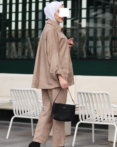 طقم شمواه بأوراق مزخرفة - لون بني رمادي