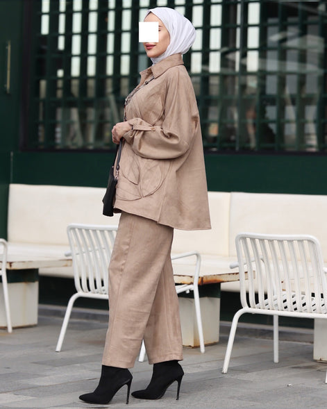 طقم شمواه بأوراق مزخرفة - لون بني رمادي