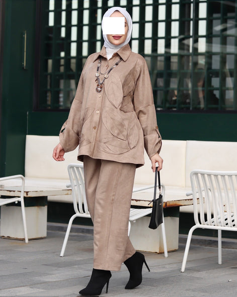 طقم شمواه بأوراق مزخرفة - لون بني رمادي