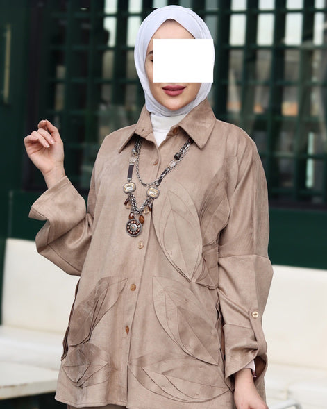 طقم شمواه بأوراق مزخرفة - لون بني رمادي