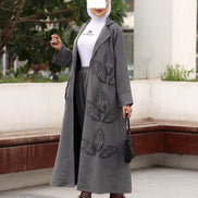 طقم معطف من جلد الشامواه بنقشة أوراق الشجر - رمادي فحمي