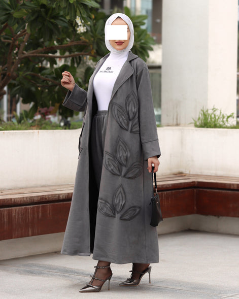 طقم معطف من جلد الشامواه بنقشة أوراق الشجر - رمادي فحمي