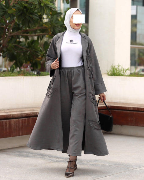 طقم معطف من جلد الشامواه بنقشة أوراق الشجر - رمادي فحمي