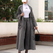 طقم معطف من جلد الشامواه بنقشة أوراق الشجر - رمادي فحمي