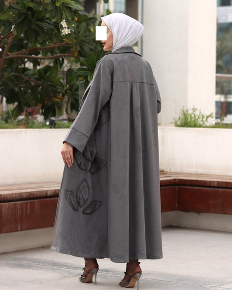 طقم معطف من جلد الشامواه بنقشة أوراق الشجر - رمادي فحمي