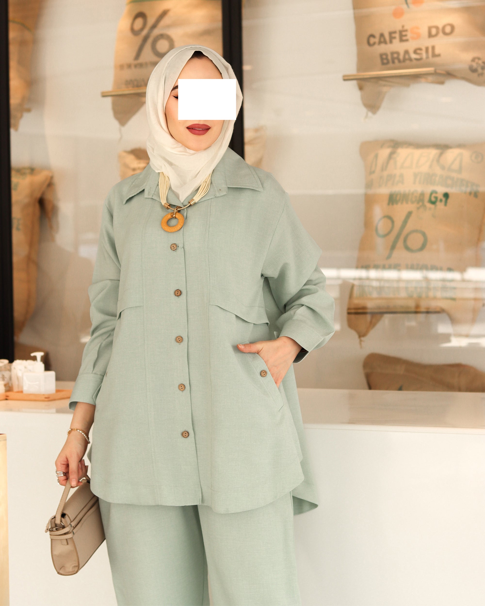 Buttoned Linen Set – Mint