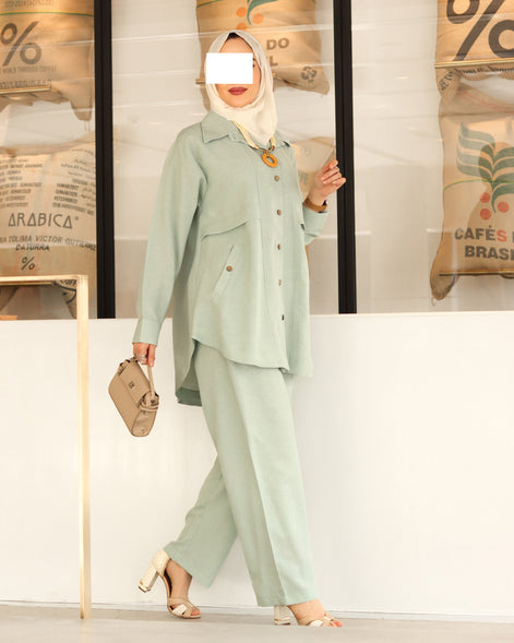 Buttoned Linen Set – Mint