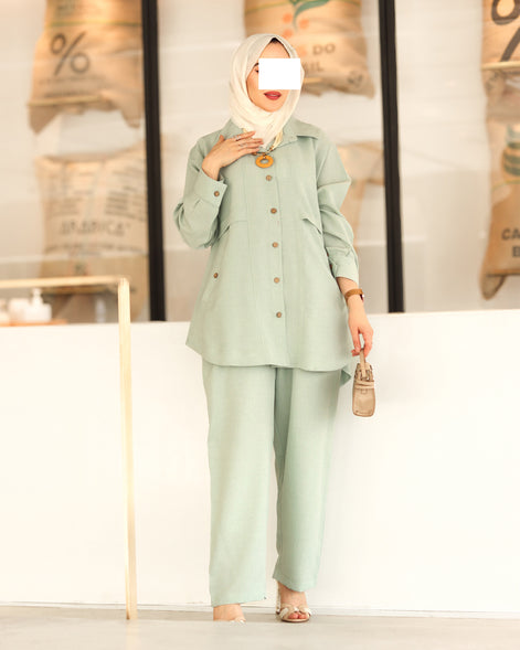 Buttoned Linen Set – Mint