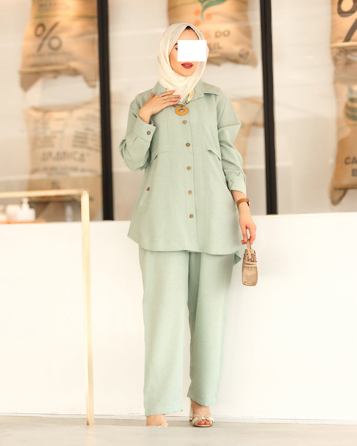 Buttoned Linen Set – Mint