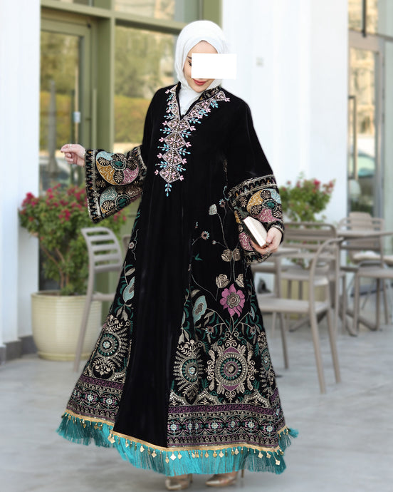 Embroidered Velvet Daraa – Black with Turquoise Details