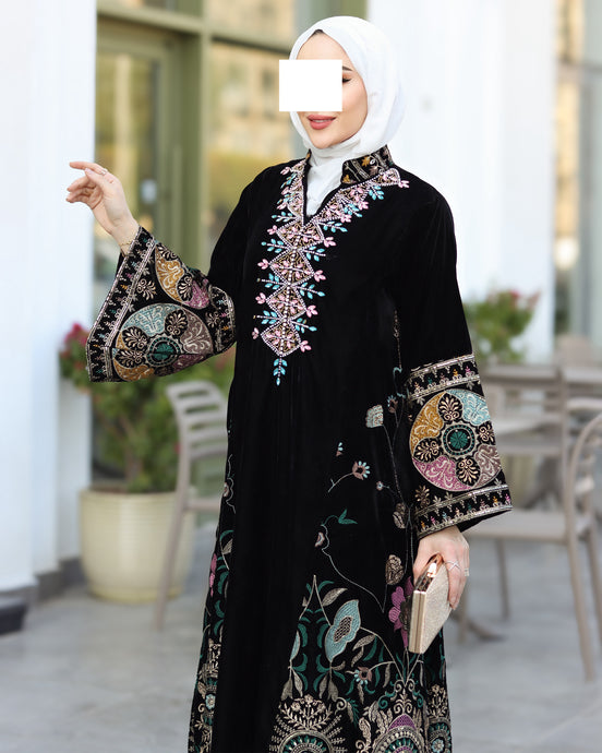 Embroidered Velvet Daraa – Black with Turquoise Details