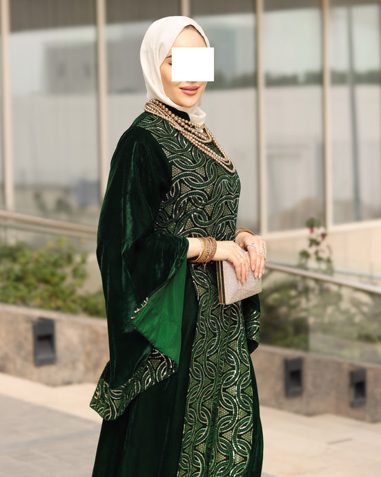Embroidered Velvet Daraa – Emerald Green
