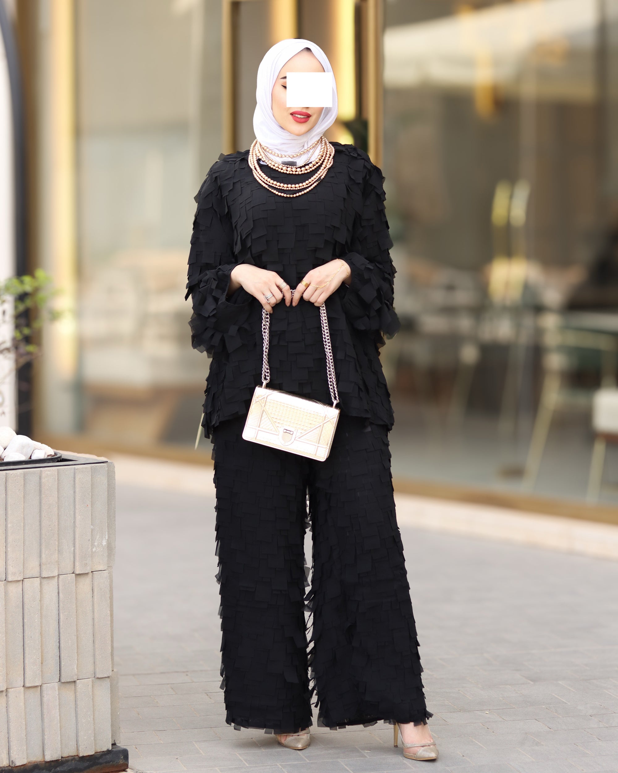 Textured Crepe Chiffon Set – Black