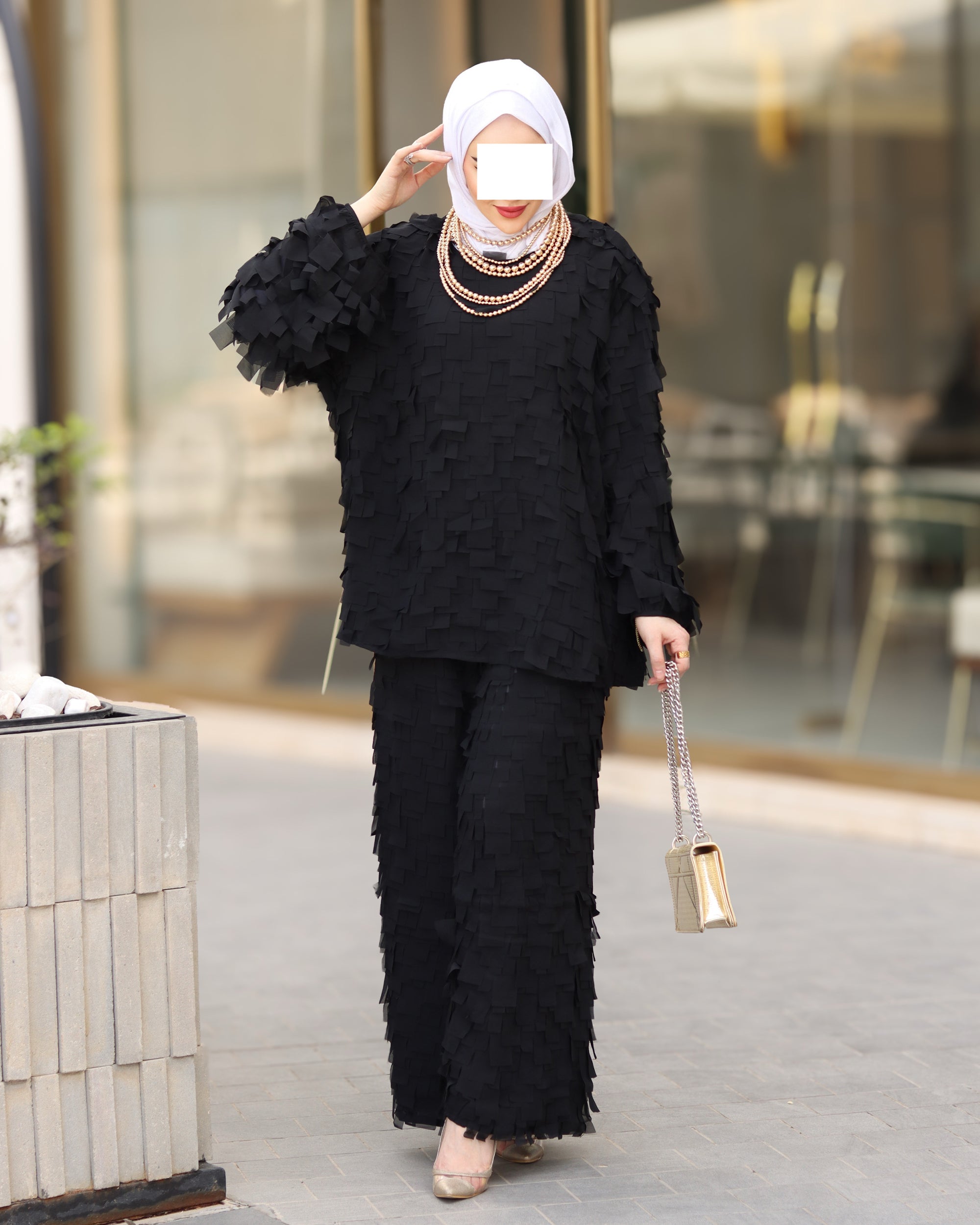 Textured Crepe Chiffon Set – Black