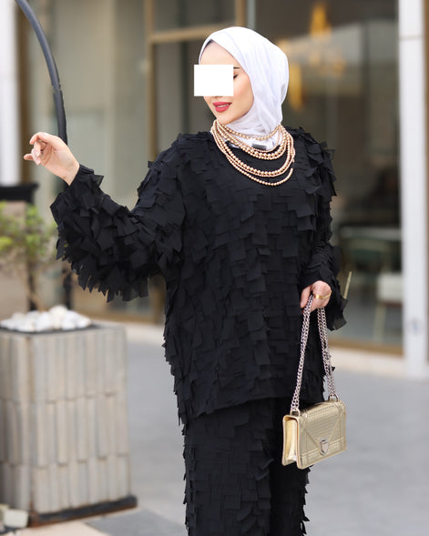 Textured Crepe Chiffon Set – Black