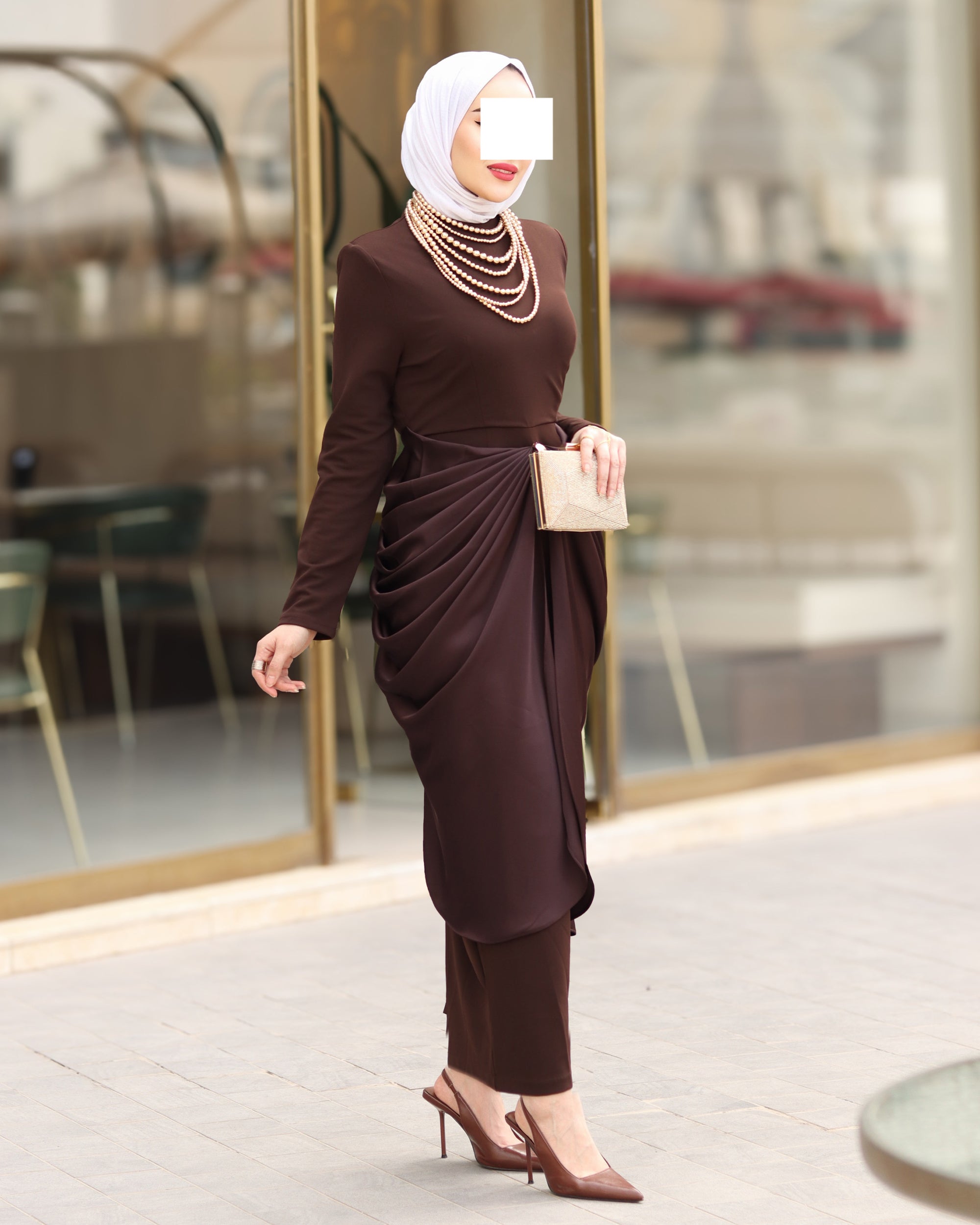 فستان ماكسي ستريتش درابيه – بني