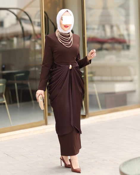 فستان ماكسي ستريتش درابيه – بني