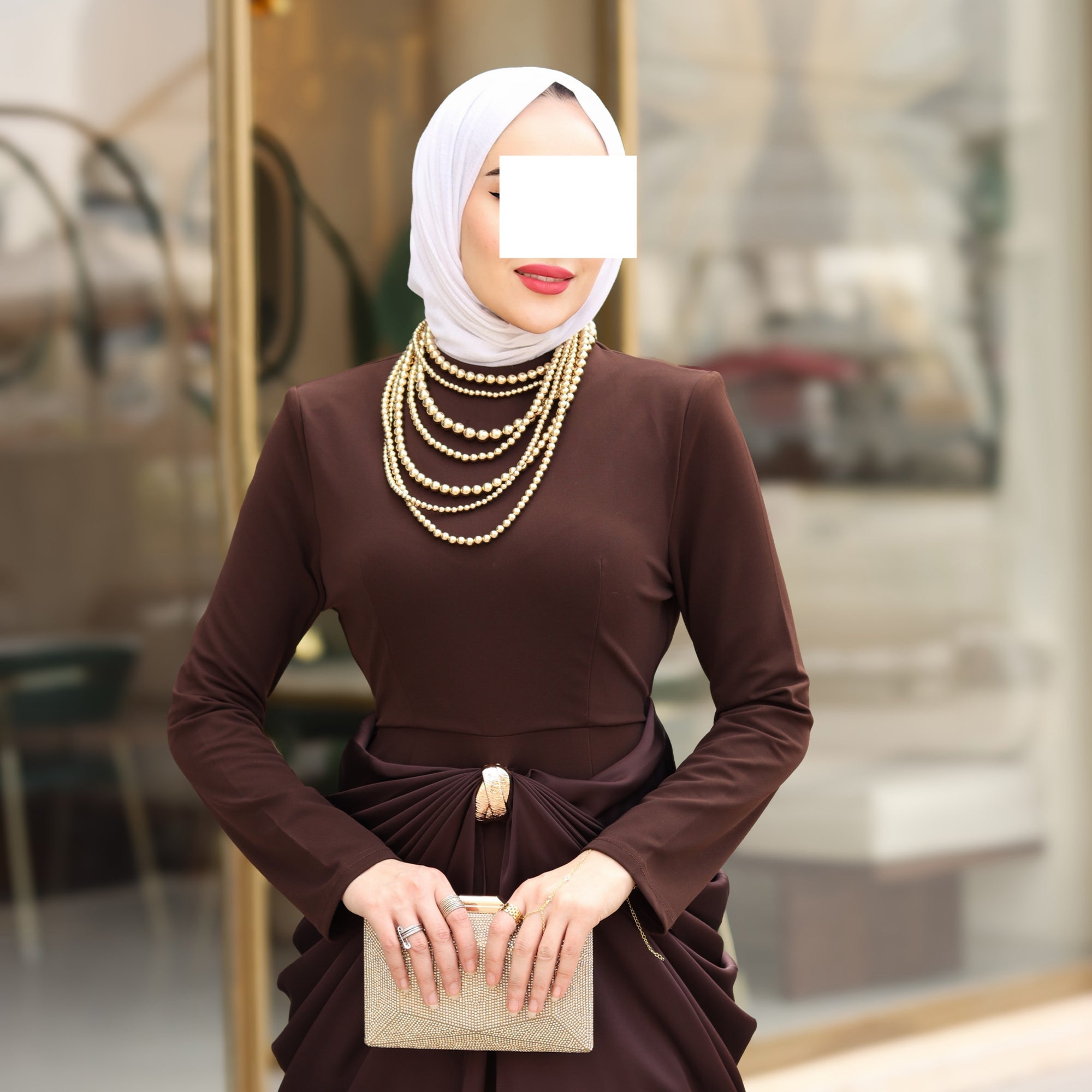 فستان ماكسي ستريتش درابيه – بني