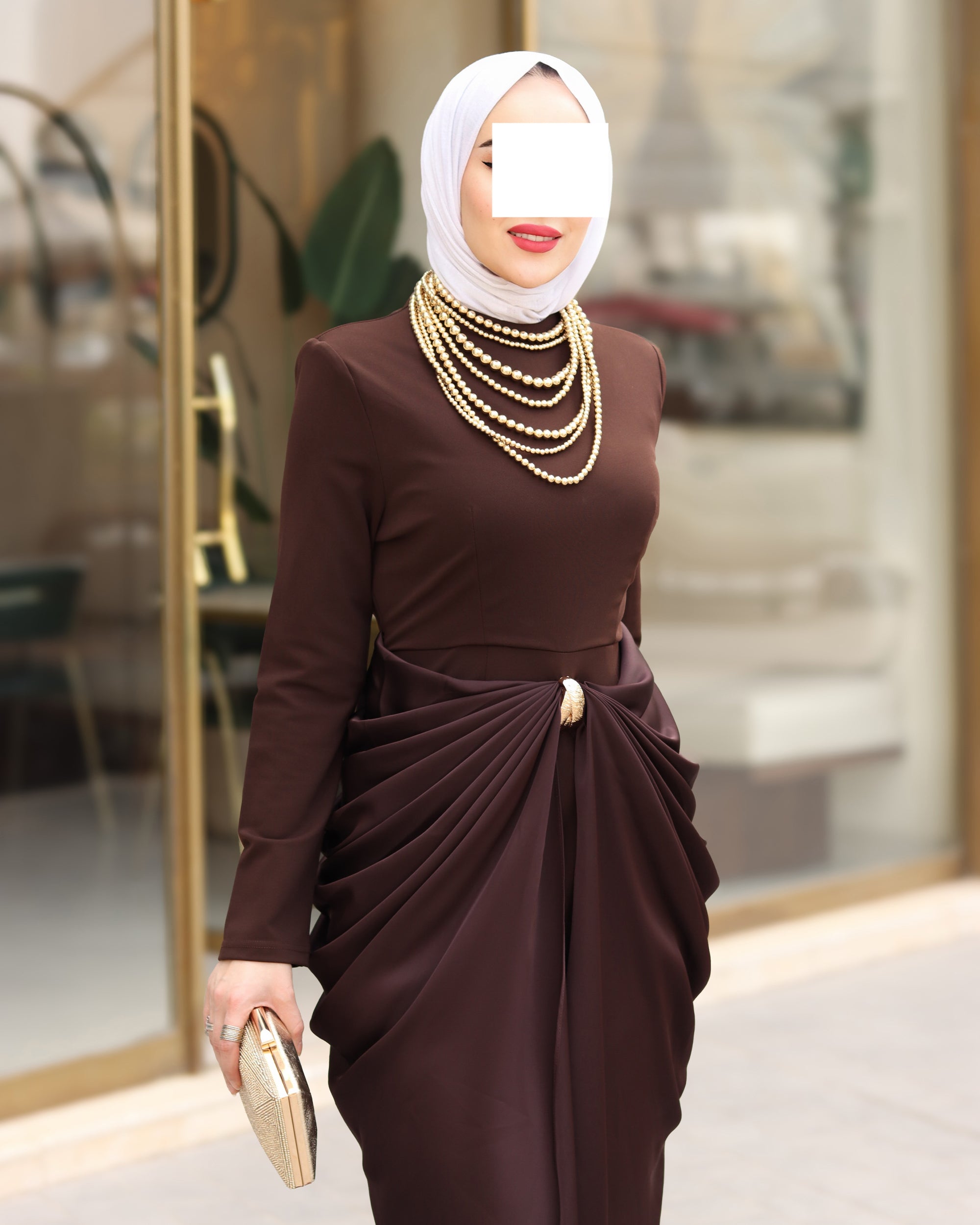 فستان ماكسي ستريتش درابيه – بني