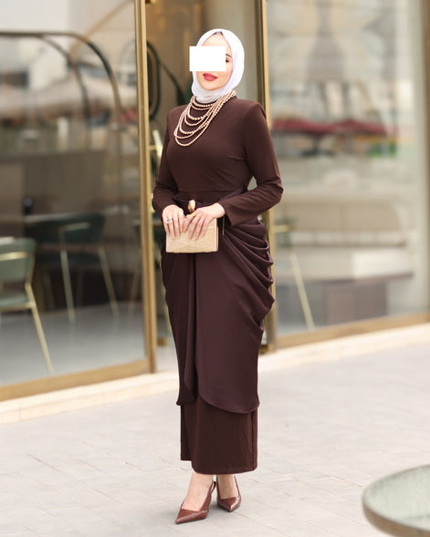 فستان ماكسي ستريتش درابيه – بني