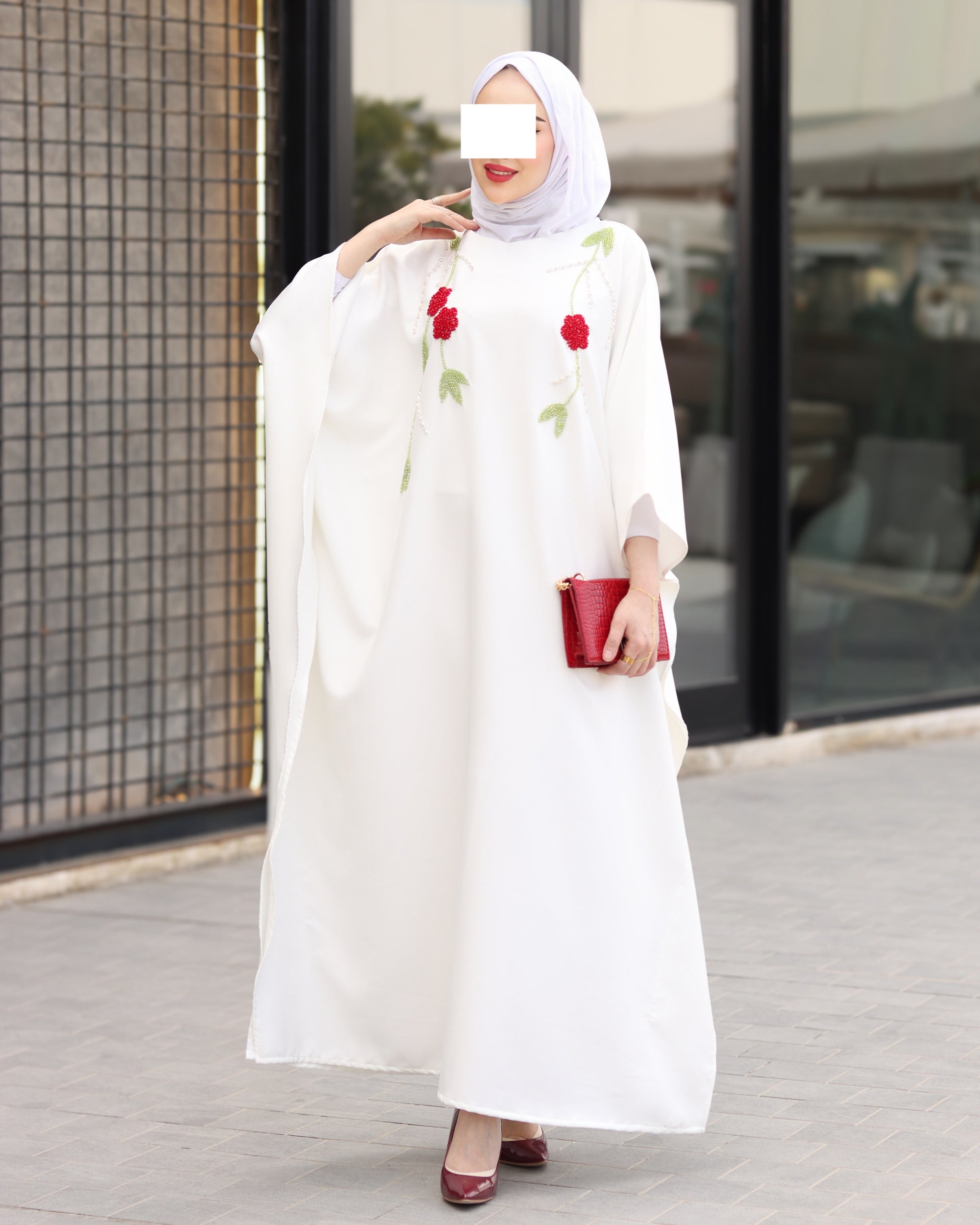 Floral Embroidered Crepe Dress – Ivory