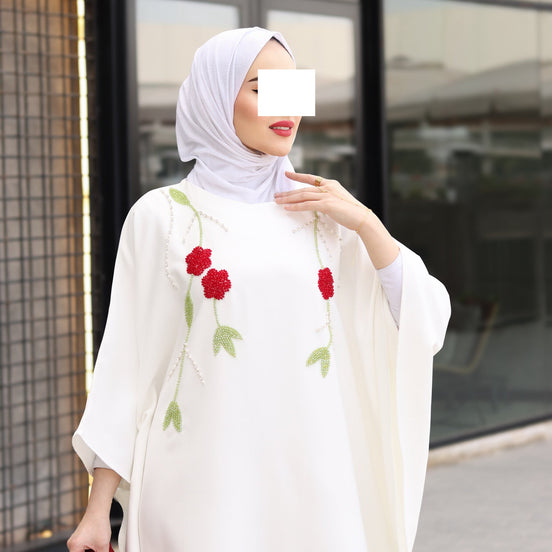 Floral Embroidered Crepe Dress – Ivory