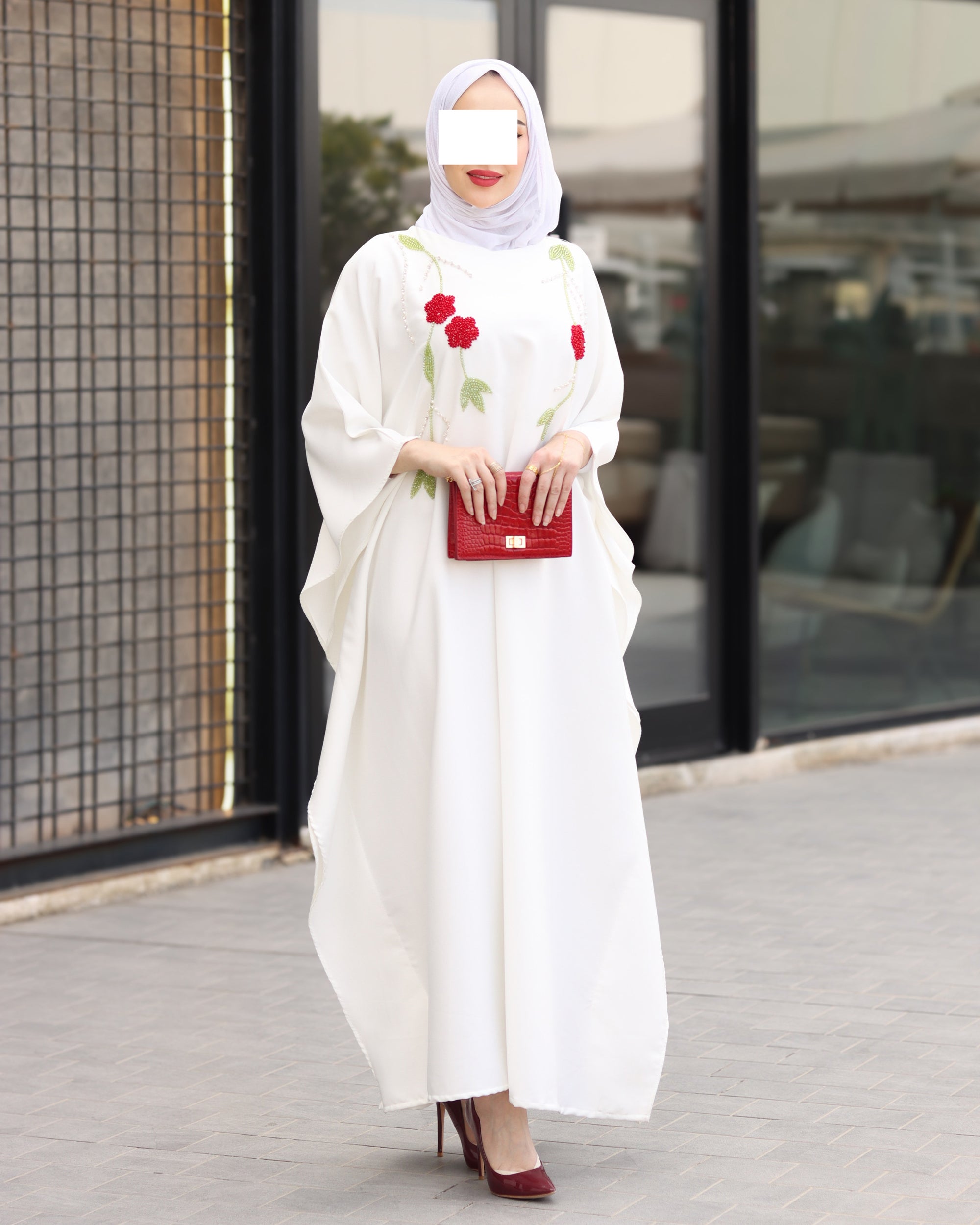 Floral Embroidered Crepe Dress – Ivory