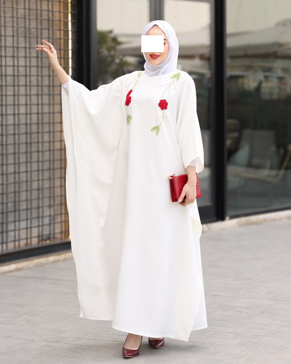 Floral Embroidered Crepe Dress – Ivory