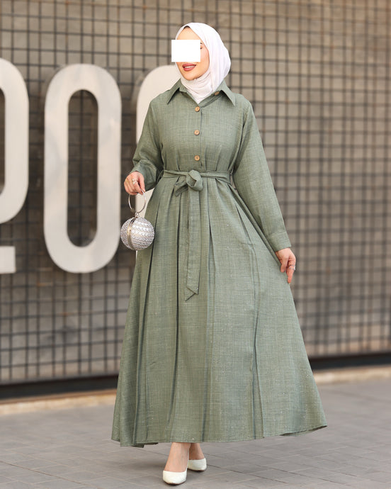 Sage Belted Linen Daraa - Sage Green