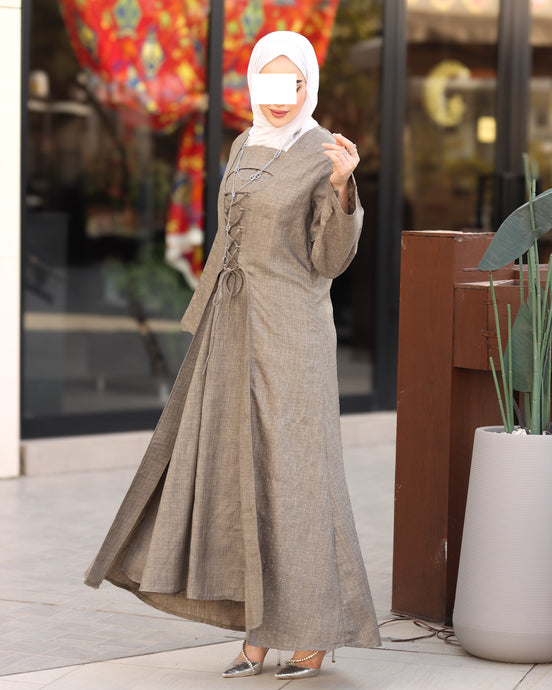 Laced Linen Bisht Set - Taupe