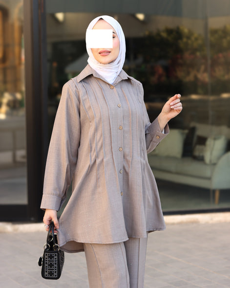 Pleated Linen Shirt & Pants Set – Taupe