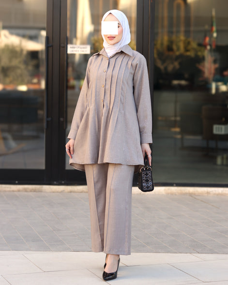 Pleated Linen Shirt & Pants Set – Taupe