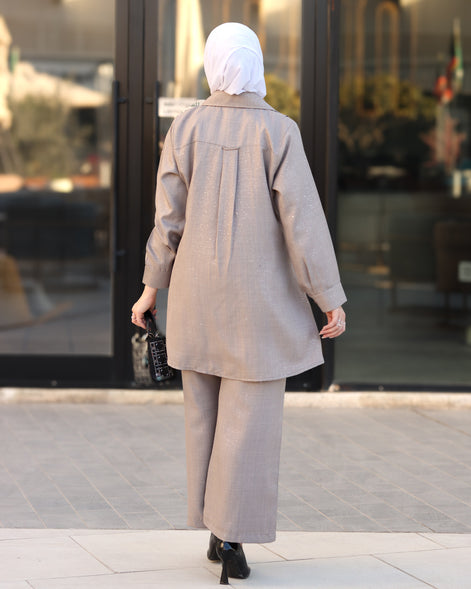 Pleated Linen Shirt & Pants Set – Taupe